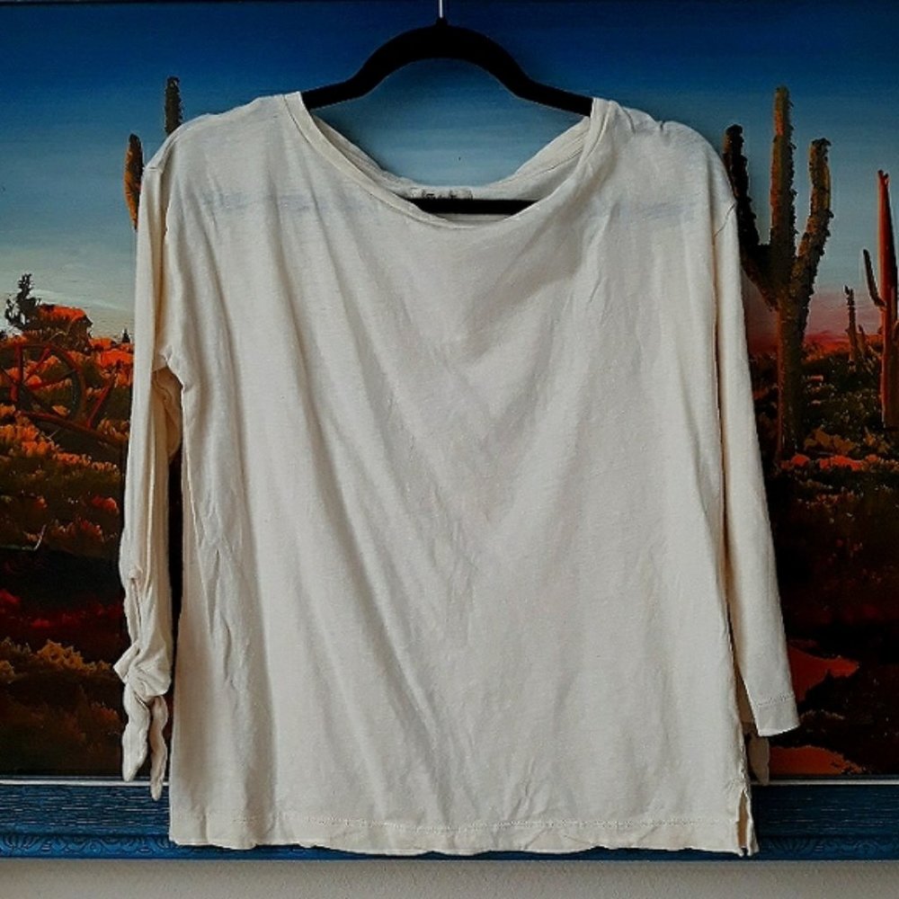Madewell 3/4 Sleeve Cotton/Linen Shirt with Tie Wrists, Cream